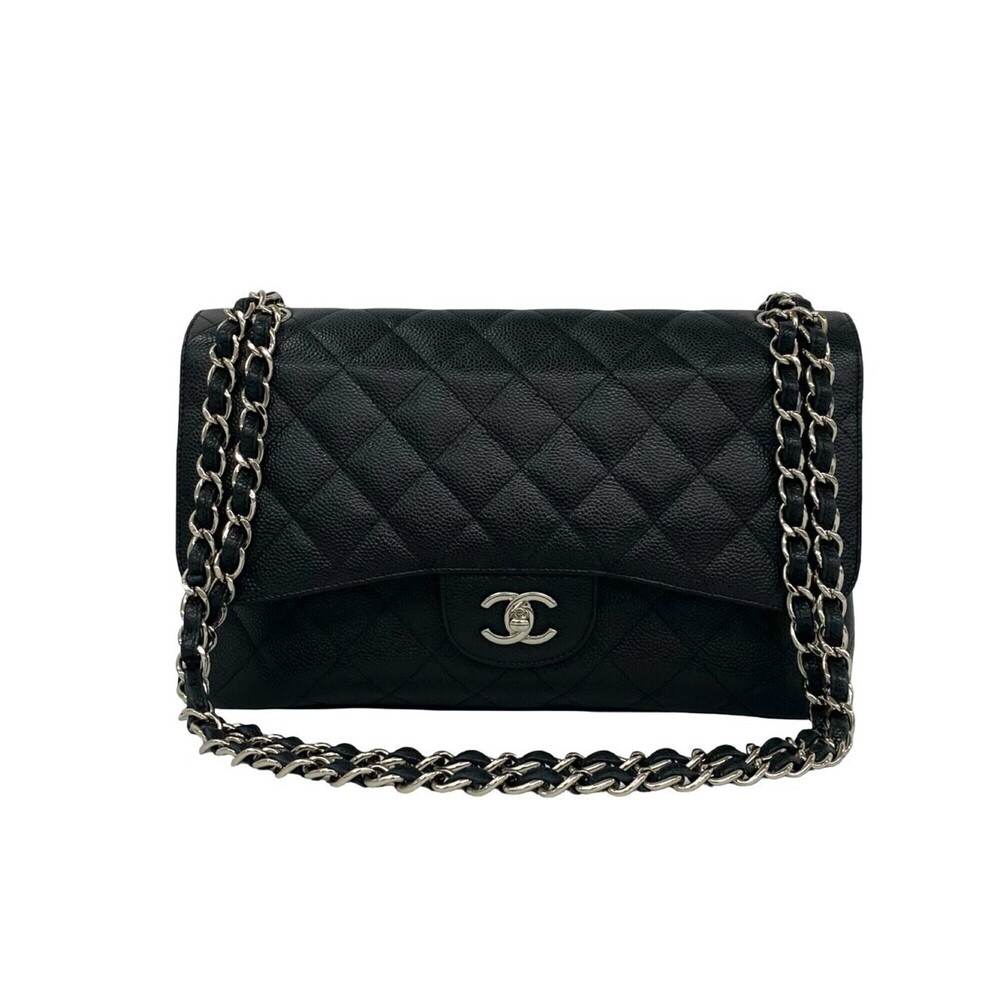 CHANEL Matelassé 30 Double Flap Caviar Skin Shoulder Bag, Black 255-2